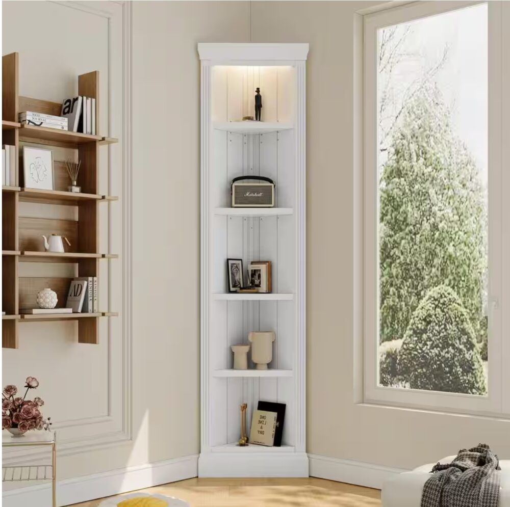 83.4 in. Tall White Wood 5-Shelf Corner Accent Bookcase with LED Light, Adjustable Shelves