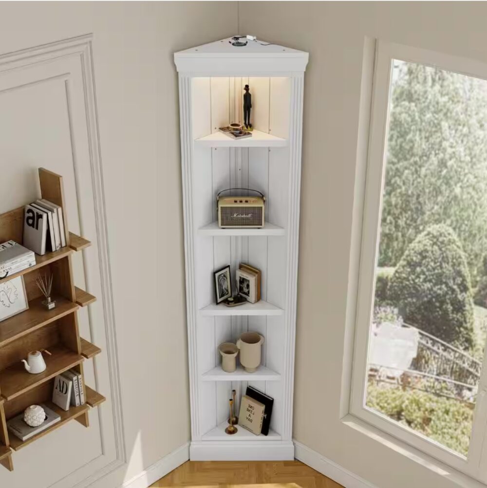 83.4 in. Tall White Wood 5-Shelf Corner Accent Bookcase with LED Light, Adjustable Shelves - Image 2