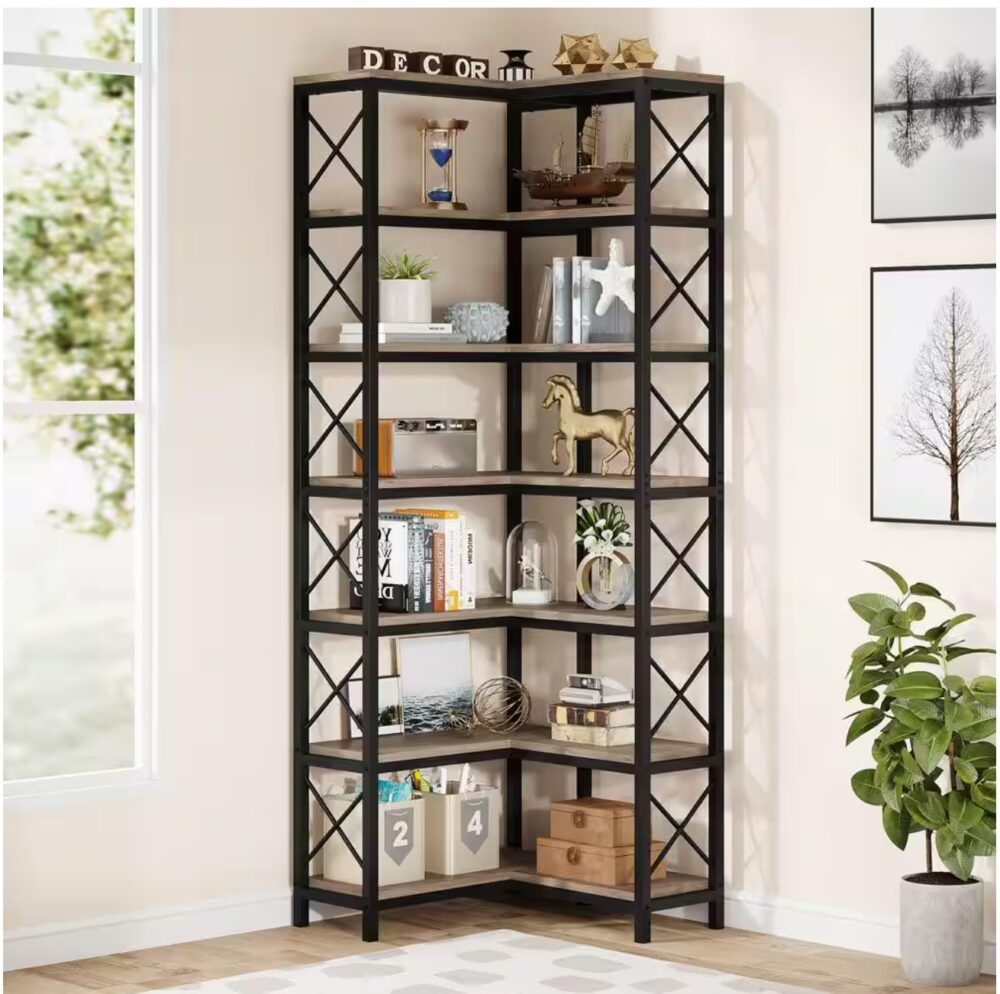 Eulas 79 in. Tall Gray Engineered Wood 7-Shelf Corner Bookcase Modern Corner Bookshelf Large Storage Display Rack