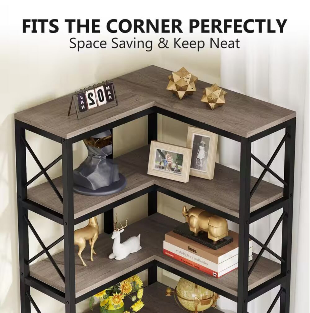 Eulas 79 in. Tall Gray Engineered Wood 7-Shelf Corner Bookcase Modern Corner Bookshelf Large Storage Display Rack - Image 3