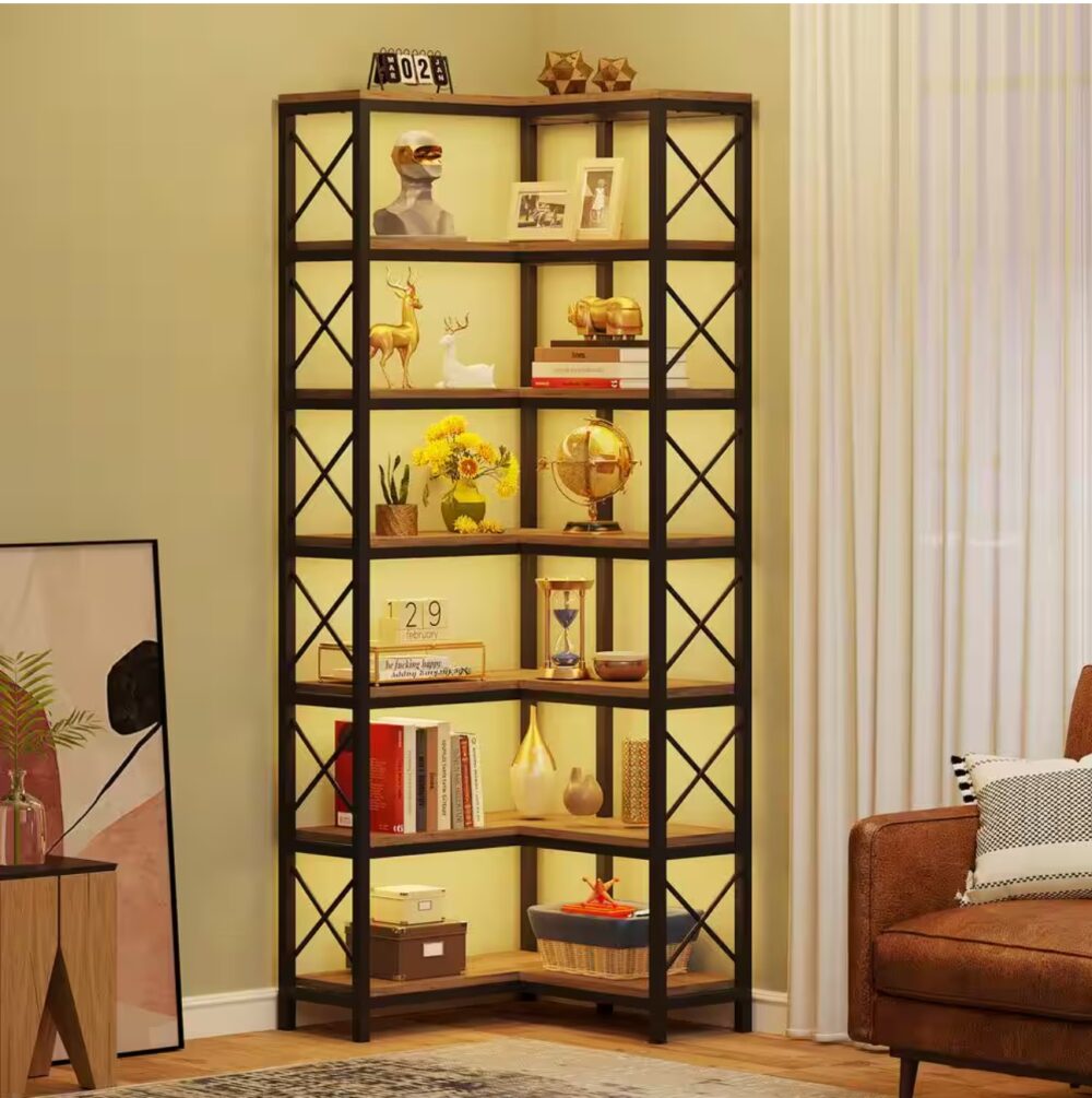 Eulas 79 in. Tall Gray Engineered Wood 7-Shelf Corner Bookcase Modern Corner Bookshelf Large Storage Display Rack - Image 2