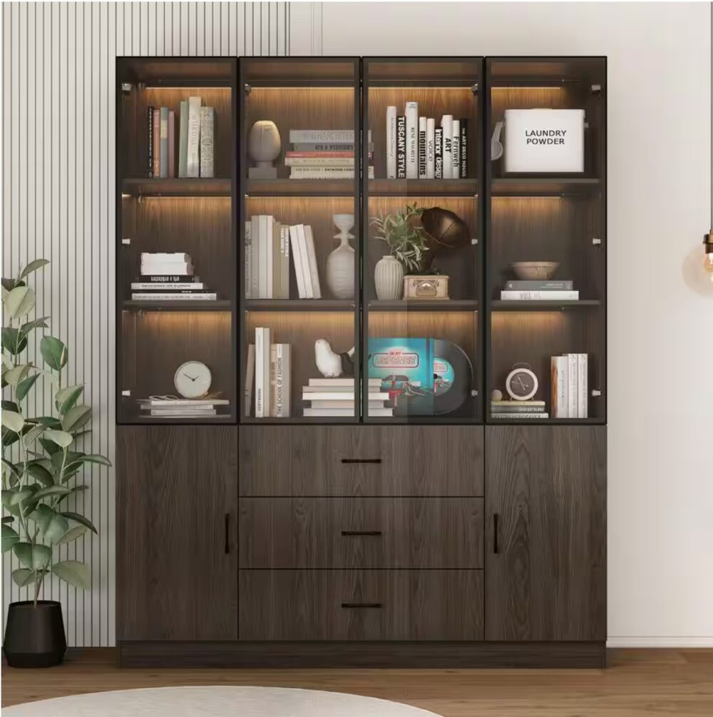 78.7 in. Tall Brown Wood 13-Shelf Standard Bookcase with Pop up Glass Doors, LED Lights, Drawers, Adjustable Shelves