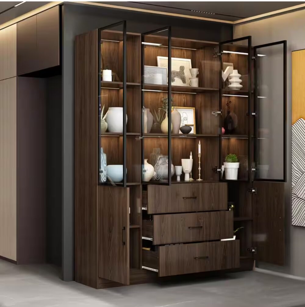 78.7 in. Tall Brown Wood 13-Shelf Standard Bookcase with Pop up Glass Doors, LED Lights, Drawers, Adjustable Shelves - Image 3