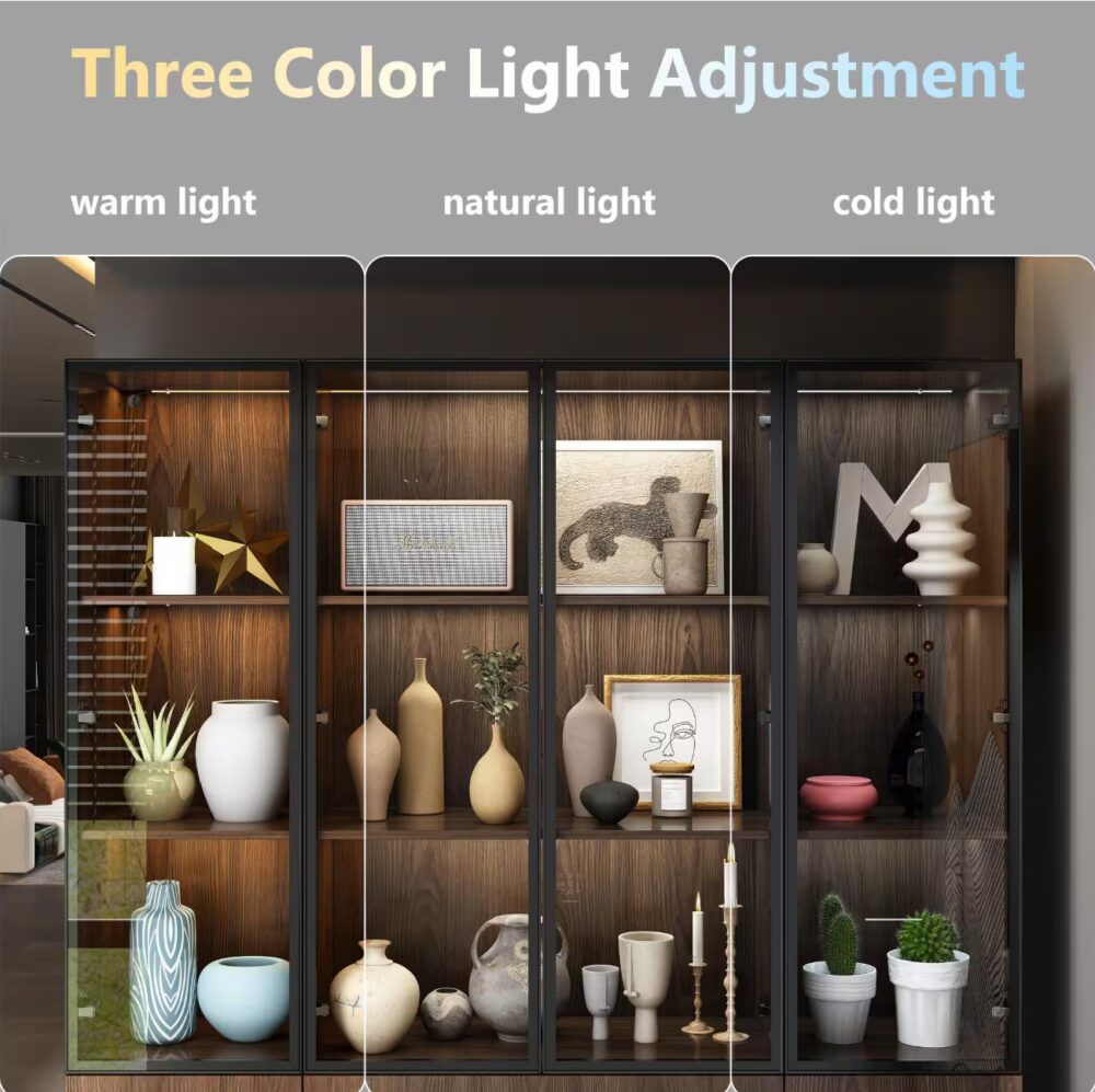 78.7 in. Tall Brown Wood 13-Shelf Standard Bookcase with Pop up Glass Doors, LED Lights, Drawers, Adjustable Shelves - Image 2