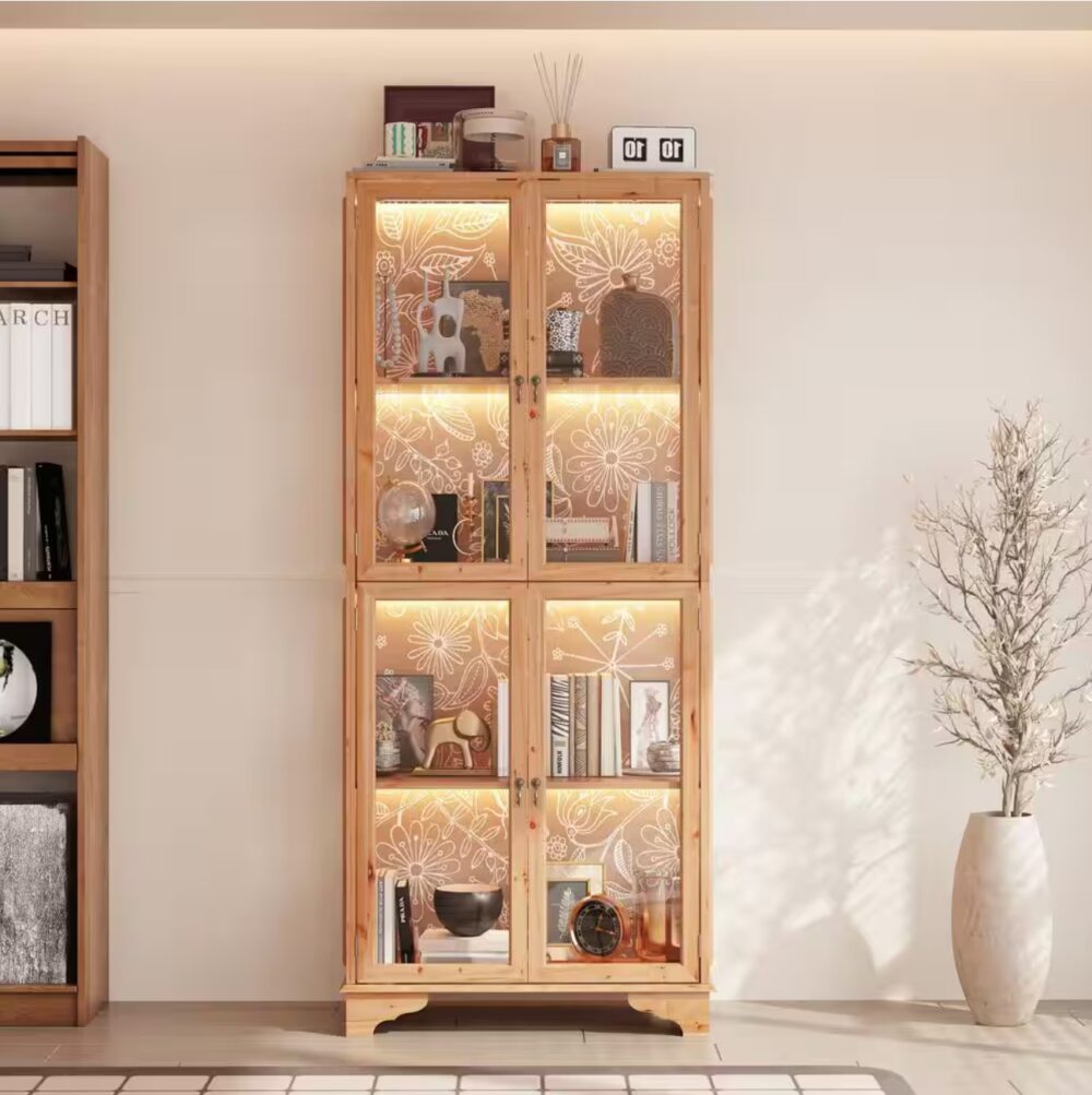 74.2 in. Tall Natural Wood Cedar and Tempered Glass 4-Shelf Bookcase with LED Lights, China Cabinet, Storage Organizer
