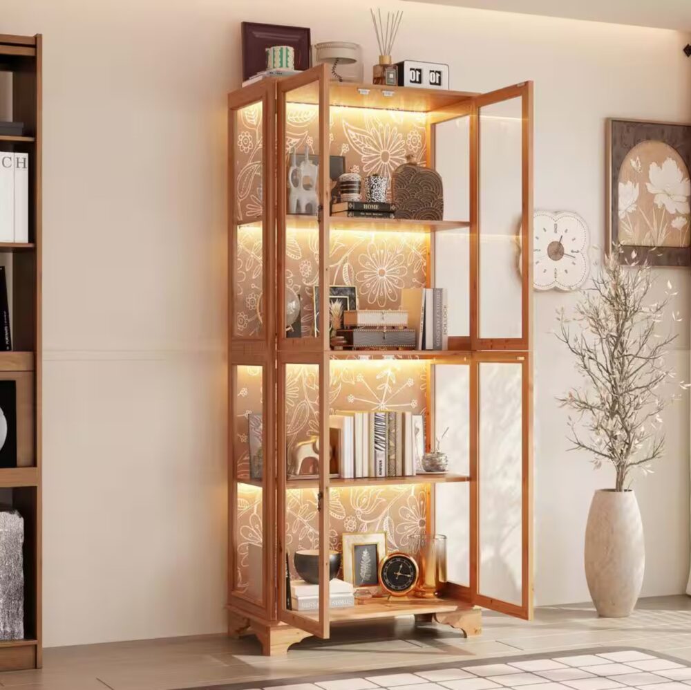 74.2 in. Tall Natural Wood Cedar and Tempered Glass 4-Shelf Bookcase with LED Lights, China Cabinet, Storage Organizer - Image 2