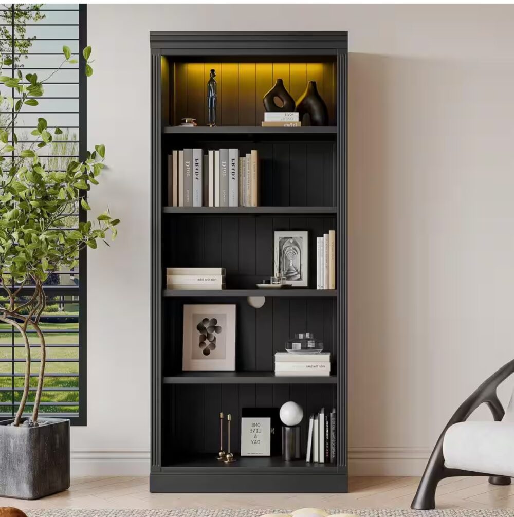 Black 83.4 in. H Wood Home Office 5-Shelf Standard Bookcase with Adjustable Shelves, LED Lights