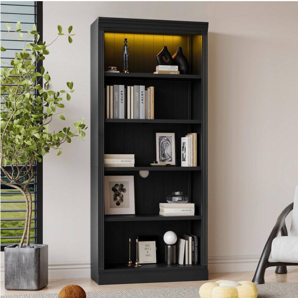 Black 83.4 in. H Wood Home Office 5-Shelf Standard Bookcase with Adjustable Shelves, LED Lights - Image 3