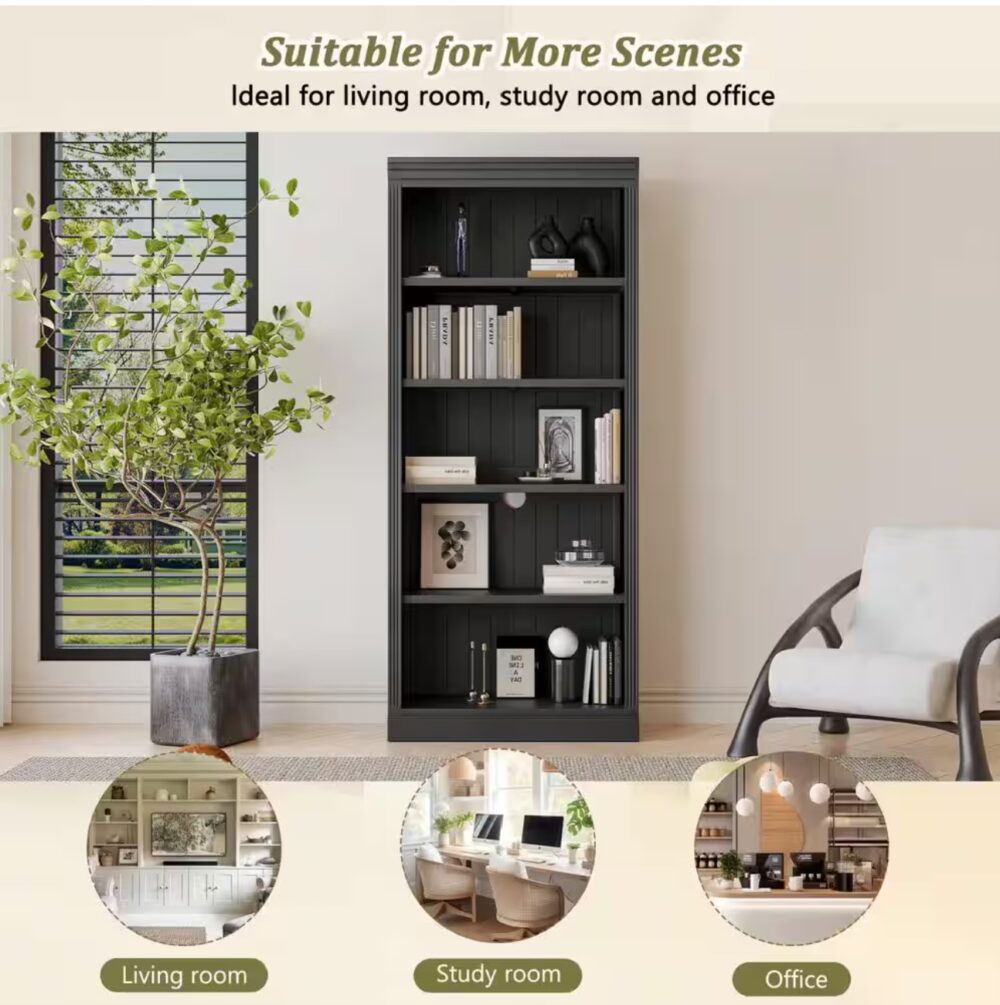 Black 83.4 in. H Wood Home Office 5-Shelf Standard Bookcase with Adjustable Shelves, LED Lights - Image 2