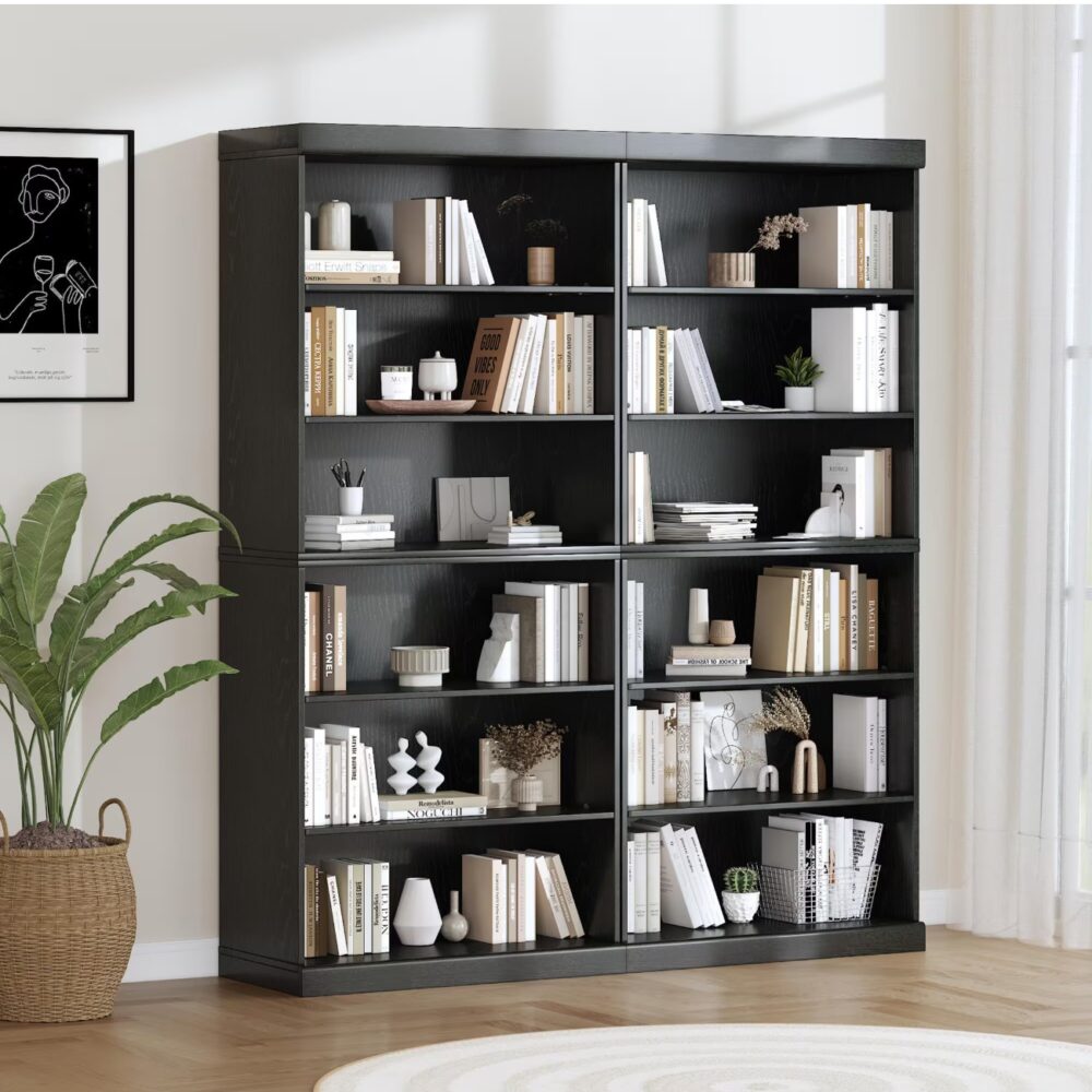 72 in. Tall Black Wood 6-shelf Standard Bookcase with Adjustable Shelves